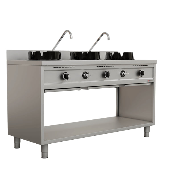 Wok à gaz professionnel inox avec 3 brûleurs de 15 kW, compatible gaz naturel et propane, équipé d'une crédence, de bacs récupérateurs de graisse et d'un châssis ouvert, idéal pour les restaurants asiatiques, food trucks et cuisines professionnelles.