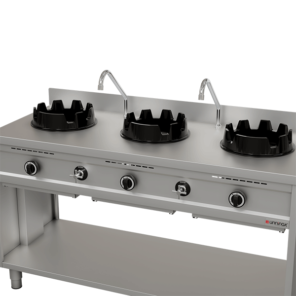 Wok à gaz professionnel inox 3 feux – 3 × 15 kW