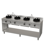 Wok à gaz professionnel inox avec 4 brûleurs de 15 kW, compatible gaz naturel et propane, équipé d'une crédence, de bacs récupérateurs de graisse et d'un châssis ouvert, idéal pour les restaurants asiatiques, food trucks et cuisines professionnelles.