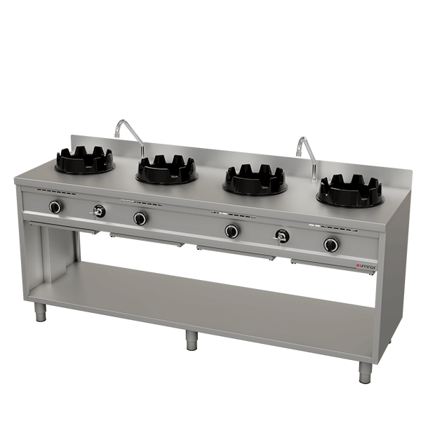 Wok à gaz professionnel inox avec 4 brûleurs de 15 kW, compatible gaz naturel et propane, équipé d'une crédence, de bacs récupérateurs de graisse et d'un châssis ouvert, idéal pour les restaurants asiatiques, food trucks et cuisines professionnelles.