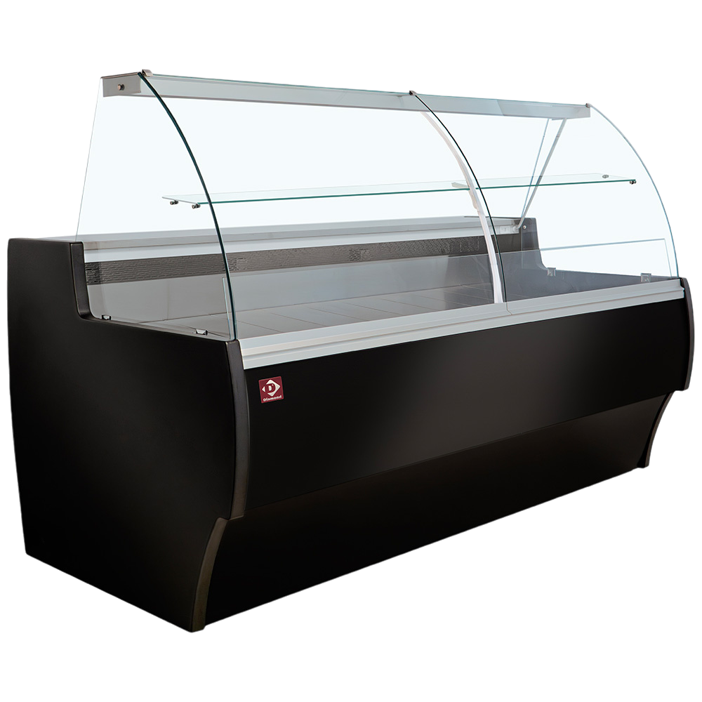 Comptoir vitrine réfrigéré à vitre bombée, ventilé, avec réserve - NOIR MA15/B5-R2V
