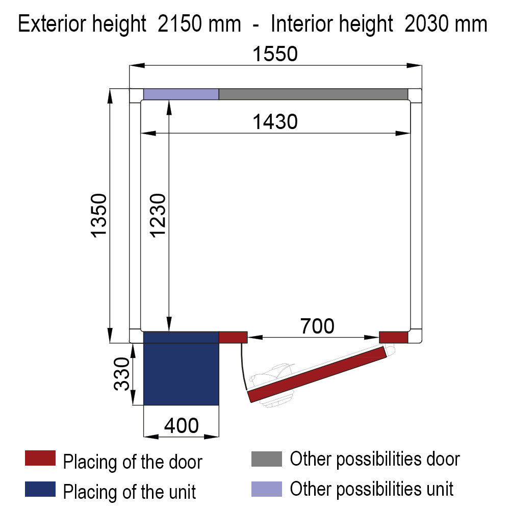 ISO 60-kamer met unit, interne afmetingen 1430 x 1230 x 2030 mm (4,07 m³)