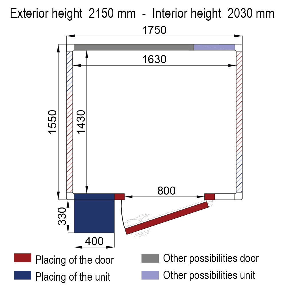 ISO 60-kamer met koelunit, binnenafmetingen 1630 x 1430 x h2030 mm (4,73 m³)