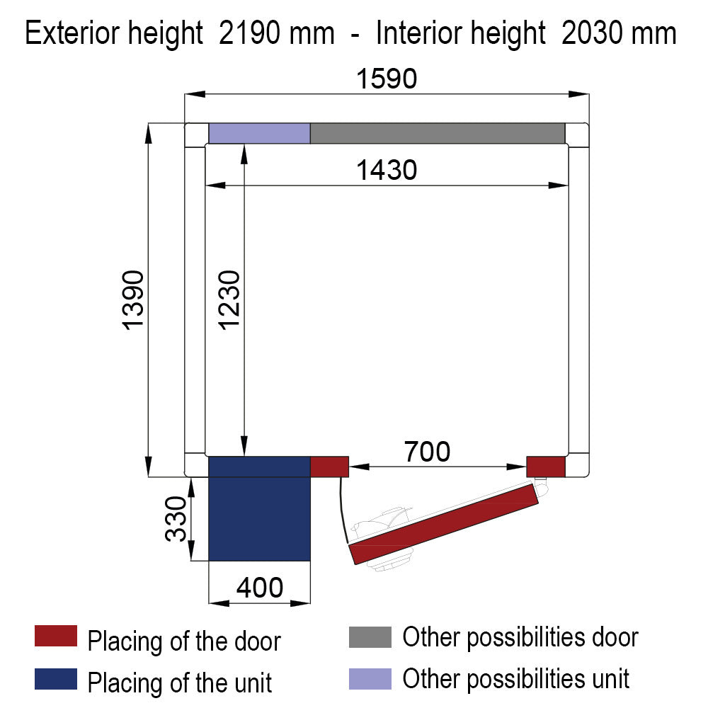 ISO 80-kamer met unit, interne afmetingen 1430 x 1230 x 2030 mm (3,57 m³)