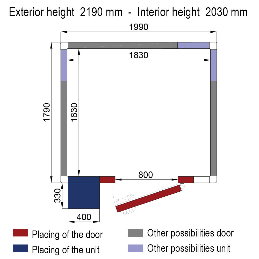 ISO 80-kamer met unit, interne afmetingen 1830 x 1630 x h2030 mm (6,06 m³)