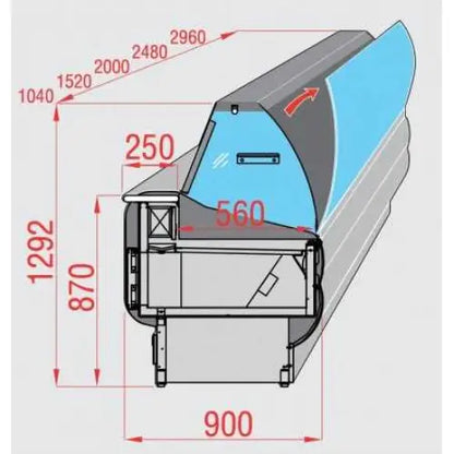 1.5 m Comptoir frigo vitres bombées rabattables avec réserve