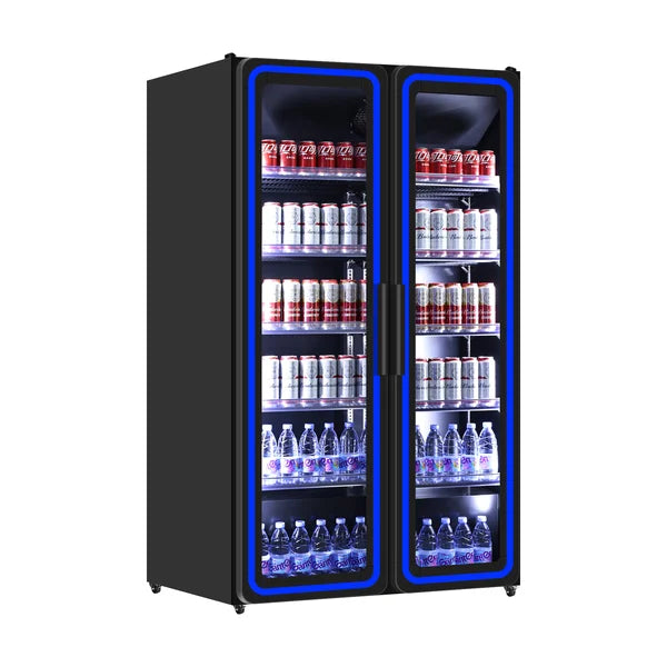 Vitrine Réfrigérée Professionnelle 2 Portes Vitrées avec Éclairage LED Bleu - 900L