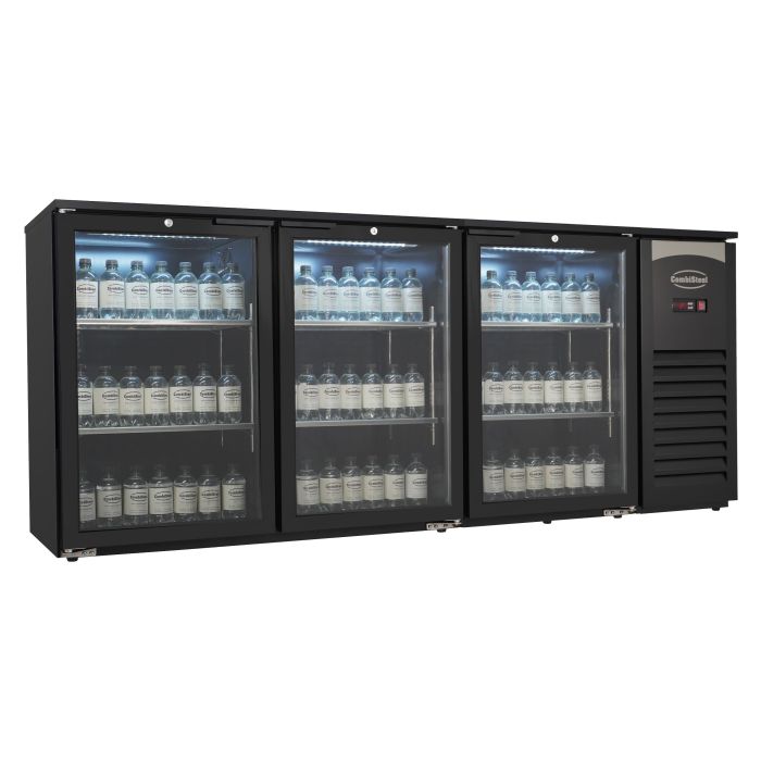 Bar réfrigéré professionnel Combisteel noir avec 3 portes vitrées, refroidissement ventilé et éclairage LED pour bar, restaurant, hôtel et café.