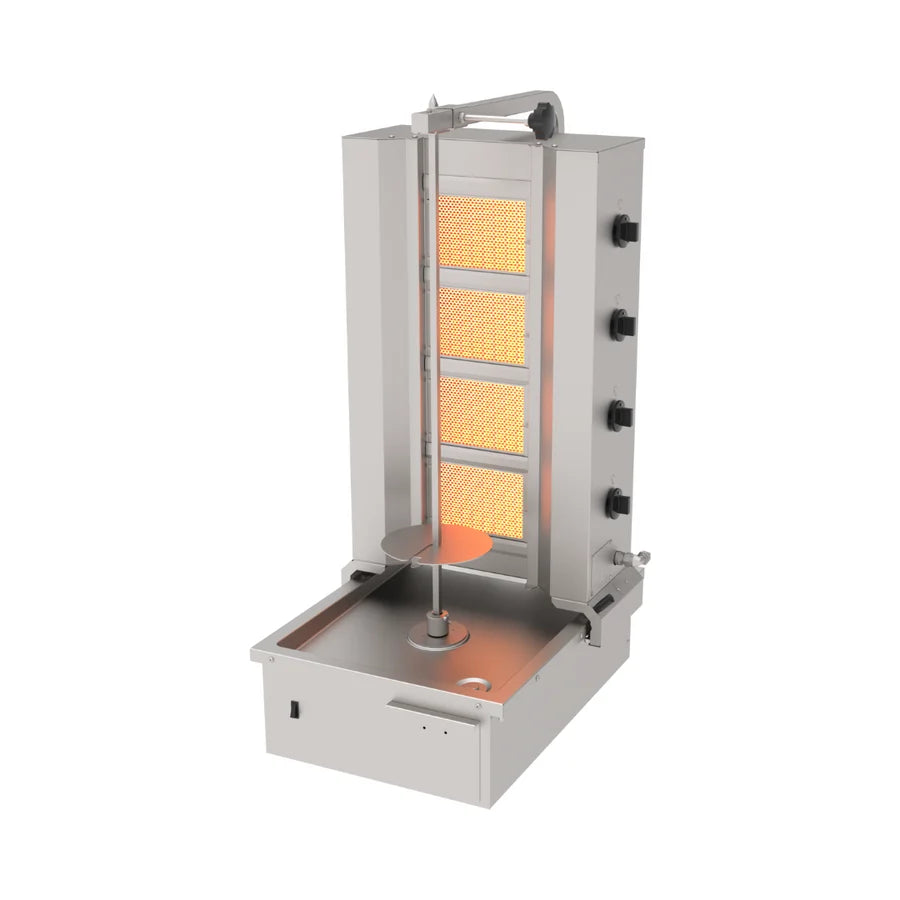 Machine à kebab professionnelle Eurotec ADG-4A à gaz avec 4 brûleurs, moteur à double rotation et structure en inox
