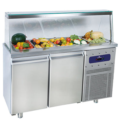 Saladette met 2 GN 1/1 deuren en glazen opbouw, 4x GN 1/1 h=150 mm, -2°/+8°C 