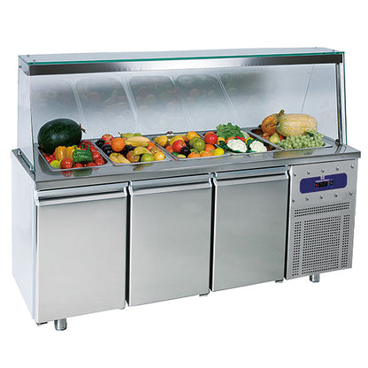 Saladette avec 3 portes GN 1/1 et structure en verre, 5x GN 1/1 h=150 mm, -2°/+8°C