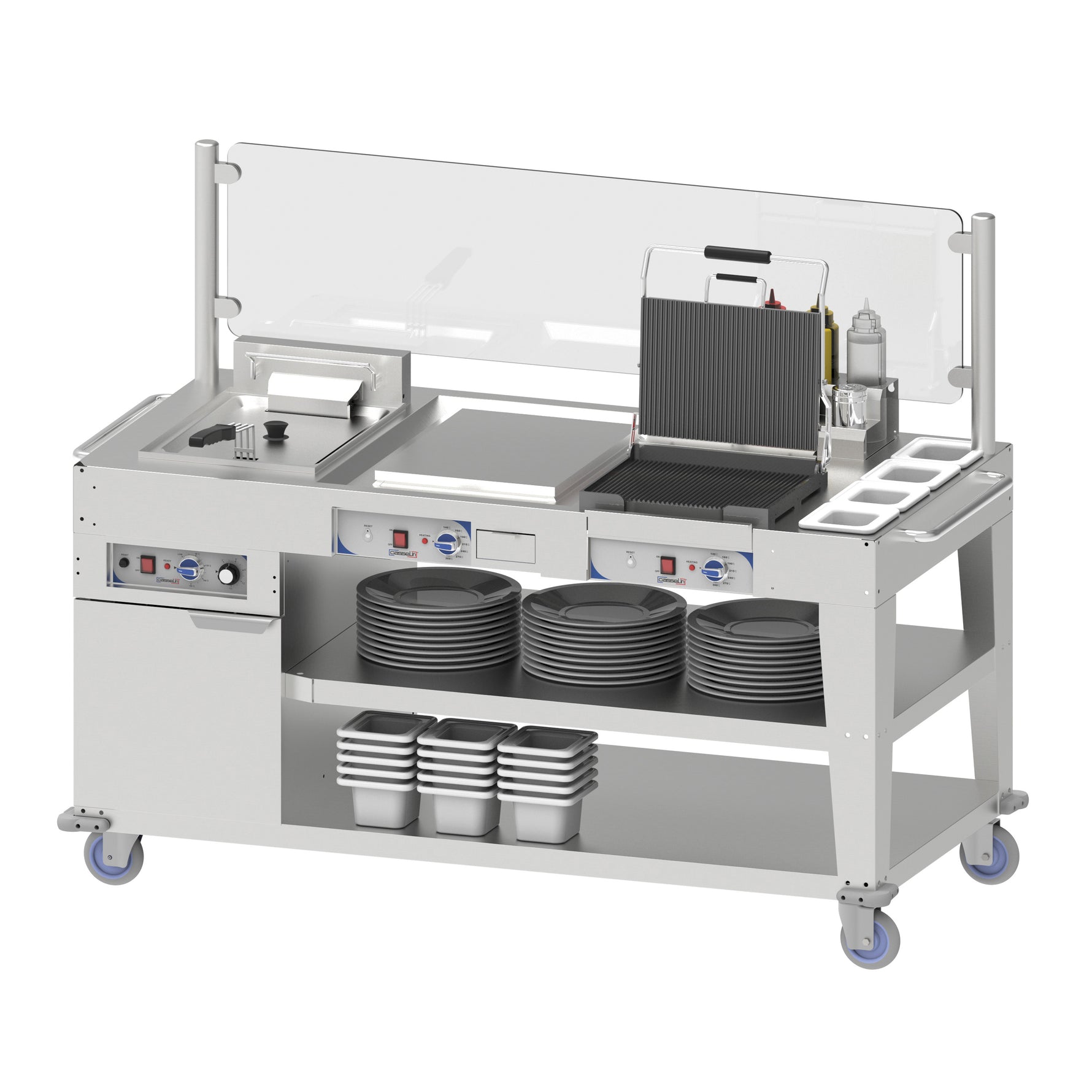 Professionele multi-snackwagen van roestvrij staal – inclusief frituurpan, snackbord en panini-grill