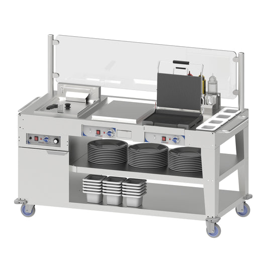Chariot multi snack professionnel en inox – Friteuse, plaque à snacker, grill panini inclus