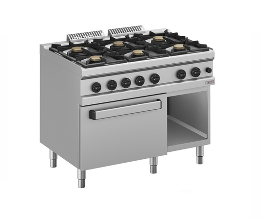 Fourneau gaz 6 feux vifs, sur four gaz GN 2/1 et armoire WR-G6BF-F2