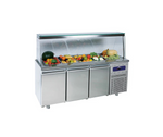 Saladette avec 3 portes GN 1/1 et structure en verre, 5x GN 1/1 h=150 mm, -2°/+8°C