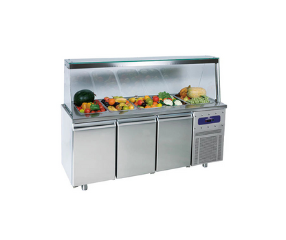 Saladette avec 3 portes GN 1/1 et structure en verre, 5x GN 1/1 h=150 mm, -2°/+8°C