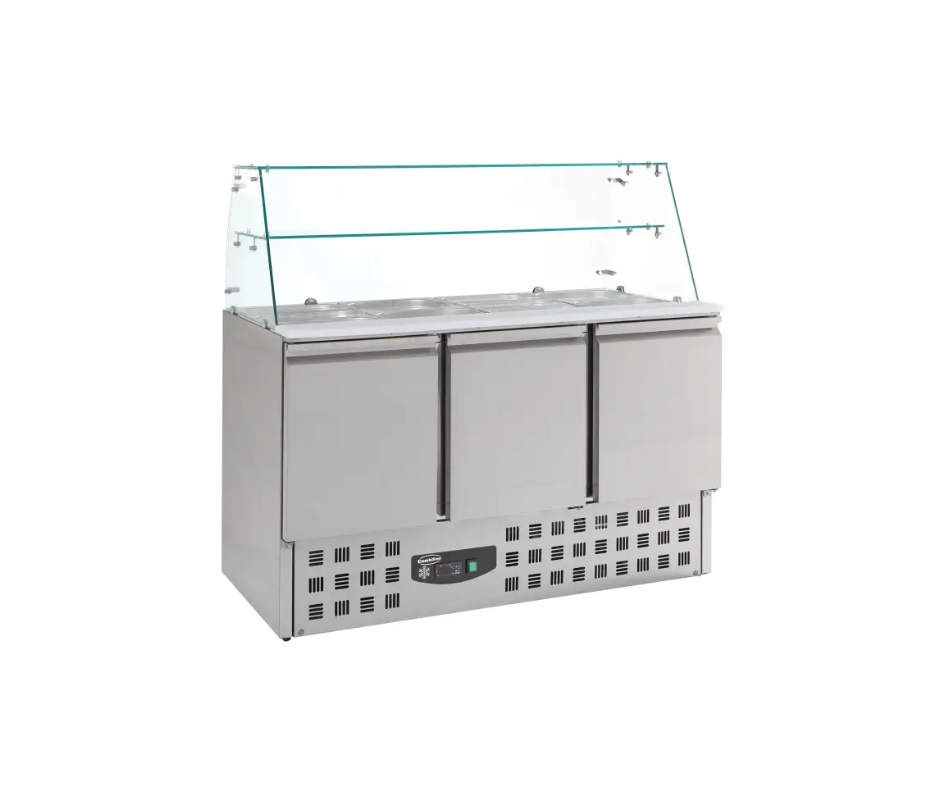 Saladette réfrigérée 3 portes pour bac gn 1/1 avec verre bombé tropicalisé
