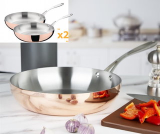 Duo professionele koperen pannen – drievoudig wandig roestvrij staal/aluminium – inductie – Ø200 &amp; Ø280 mm – Vogue Premium-serie