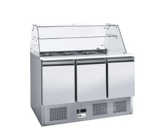 Gekoelde saladeette 3 deuren voor gn 1/1 container met gebogen glas