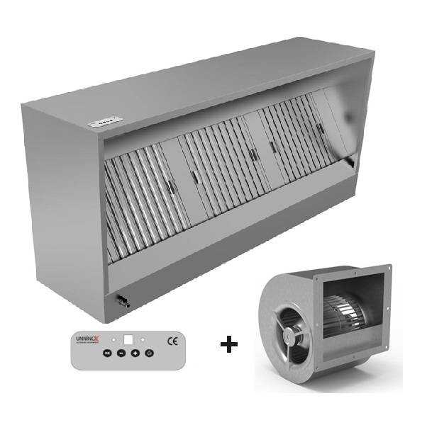 Hotte professionnelle Box Unninox 1000 × 950 mm avec moteur intégré 1400 m³/h et filtre labyrinthe inox