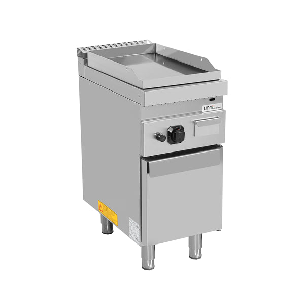 Plaque à snacker gaz professionnelle Unninox avec plaque lisse en acier sur meuble inox 6,5 kW pour restaurant, snack, friterie et cuisine professionnelle.