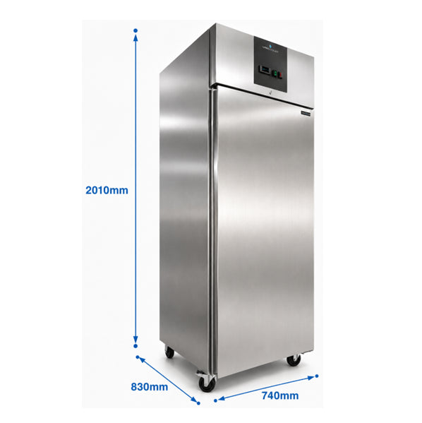 Armoire réfrigérée professionnelle inox 650 litres à 1 porte avec froid ventilé, température de -2°C à +8°C, idéale pour restaurant, boulangerie, boucherie et cuisine professionnelle.