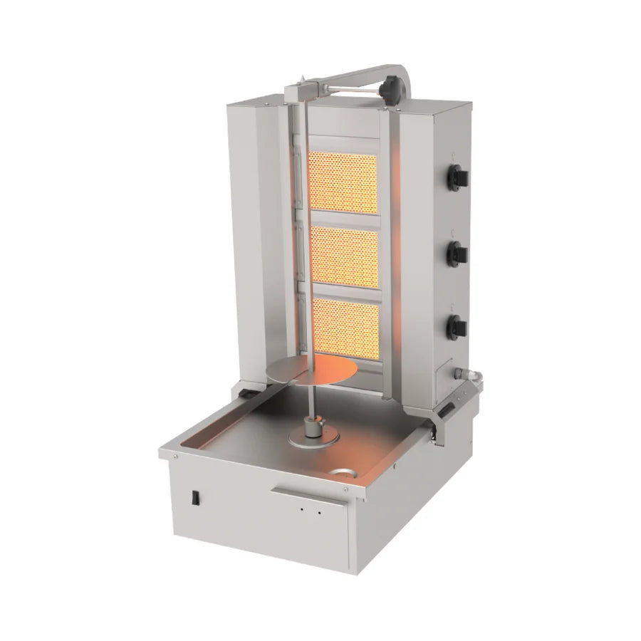 Machine à kebab professionnelle Eurotec ADG-3A à gaz avec 3 brûleurs, moteur à double rotation et structure en inox