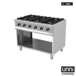 Cuisinière professionnelle à gaz Unninox OCK-6 avec 6 brûleurs en fonte et structure ouverte en acier inoxydable.