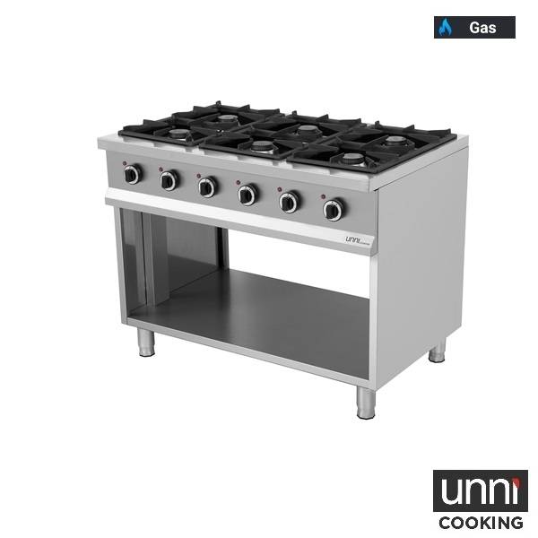 Cuisinière professionnelle à gaz Unninox OCK-6 avec 6 brûleurs en fonte et structure ouverte en acier inoxydable.