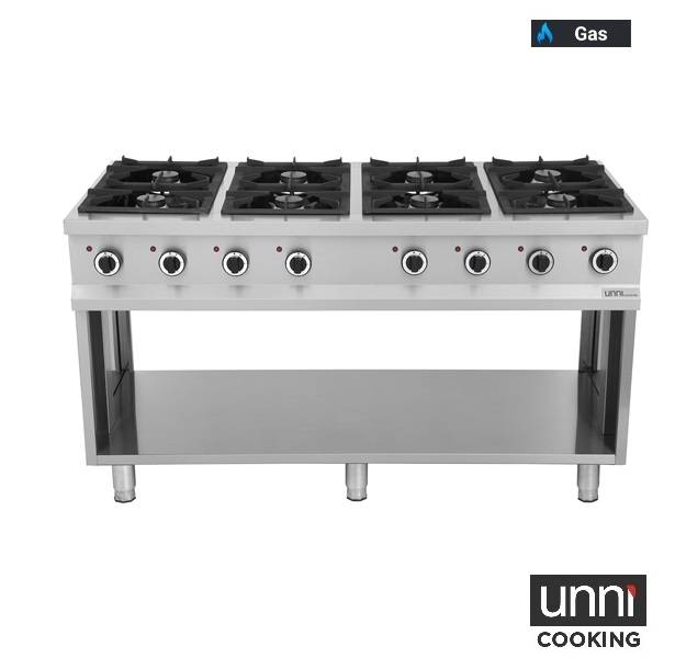 Cuisinière professionnelle à gaz Unninox OCK-8 avec 8 brûleurs en fonte et structure ouverte en inox