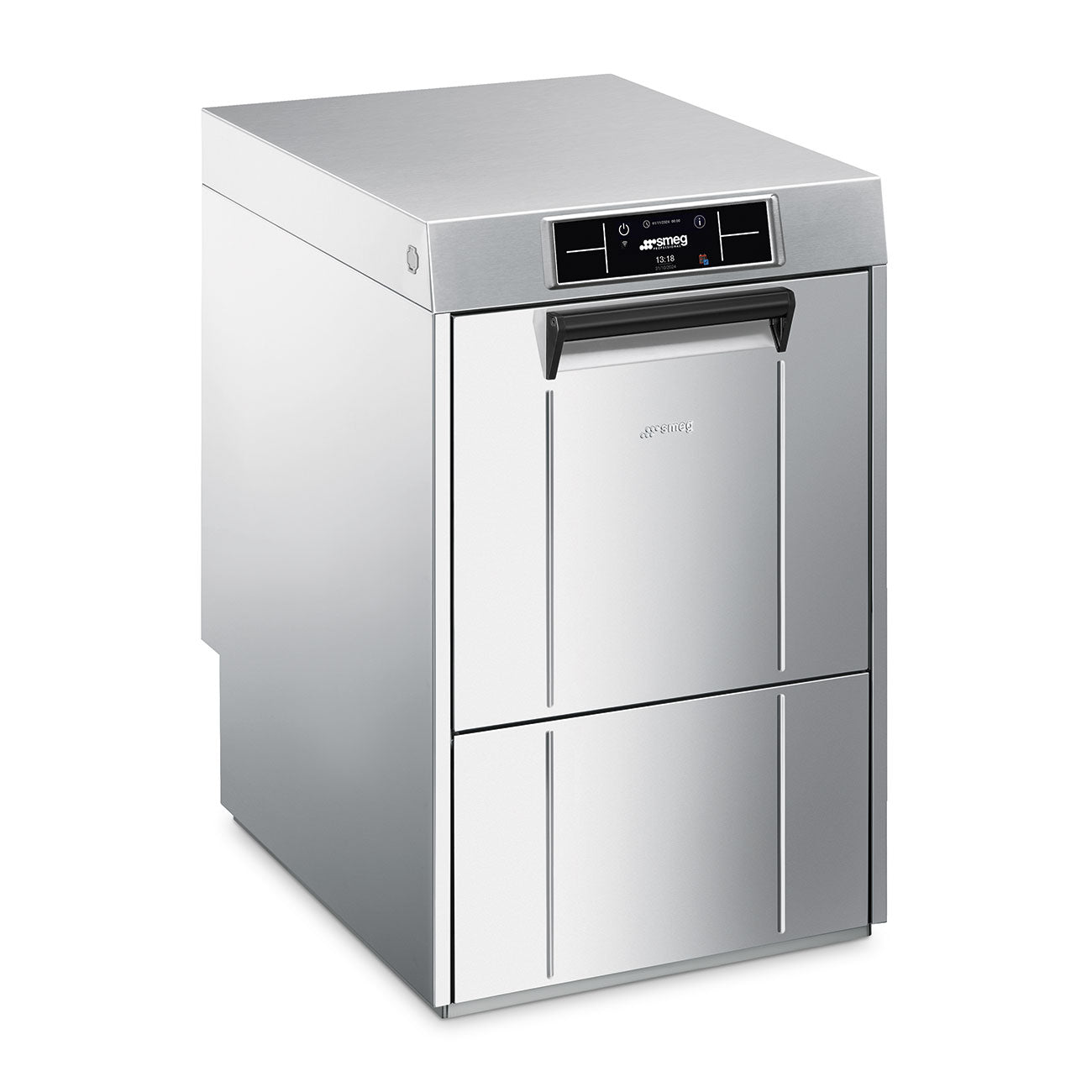 Lave-verres professionnel Smeg SPG425H avec adoucisseur intégré, écran tactile, panier 400 × 400 mm et pompe de vidange.