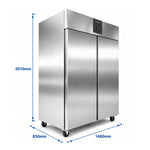 Armoire congélateur professionnelle inox 2 portes de 1400 litres avec froid ventilé, température de -22°C à -18°C, idéale pour restaurant, collectivité, boucherie et cuisine professionnelle.