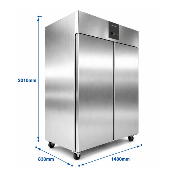 Armoire congélateur professionnelle inox 2 portes de 1400 litres avec froid ventilé, température de -22°C à -18°C, idéale pour restaurant, collectivité, boucherie et cuisine professionnelle.