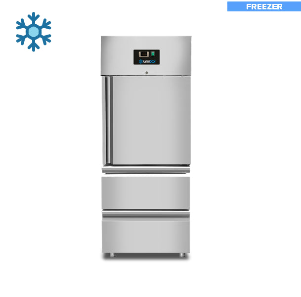 Armoire congélateur professionnelle inox 650 litres avec 1 demi-porte, 2 tiroirs GN 2/1 et froid ventilé de -18°C à -22°C, idéale pour restaurant, boulangerie, boucherie et cuisine professionnelle.