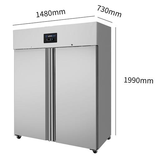 Armoire congélateur professionnelle inox 1200 litres à 2 portes avec froid ventilé, température de -10°C à -20°C et 6 grilles GN 2/1, idéale pour restaurant, boucherie, boulangerie et cuisine professionnelle.