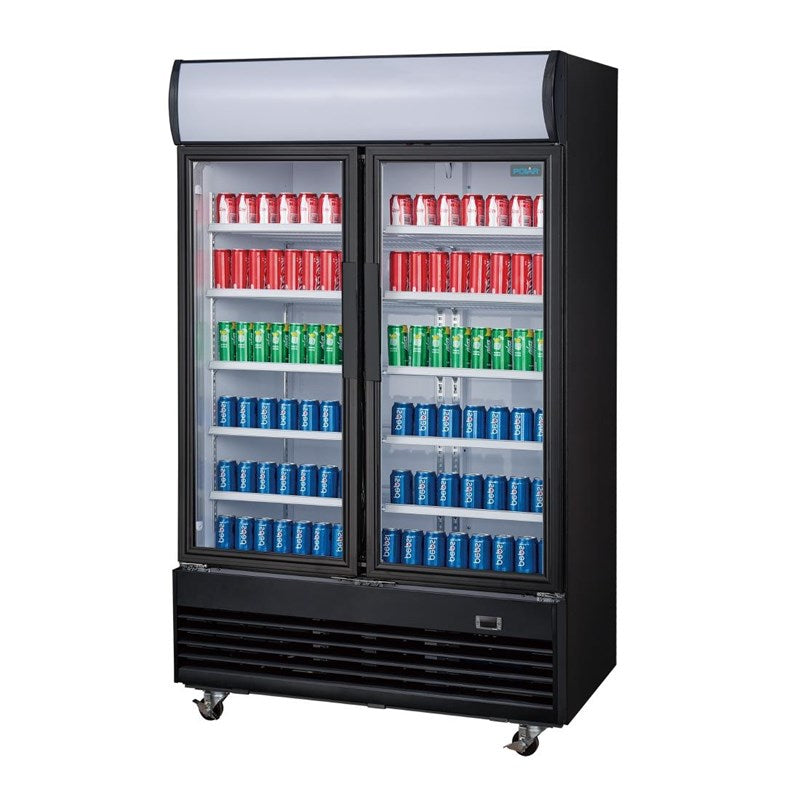 Polar G Series 950L zwarte gekoelde vitrinekast met twee scharnierende deuren en lichtbak.
