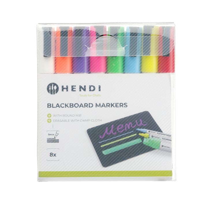 Feutres à craie 3 mm, HENDI, 1 blanc, 1 rouge, 1 bleu, 1 vert, 1 jaune, 1 violet, 1 orange et 1 rose — 664278