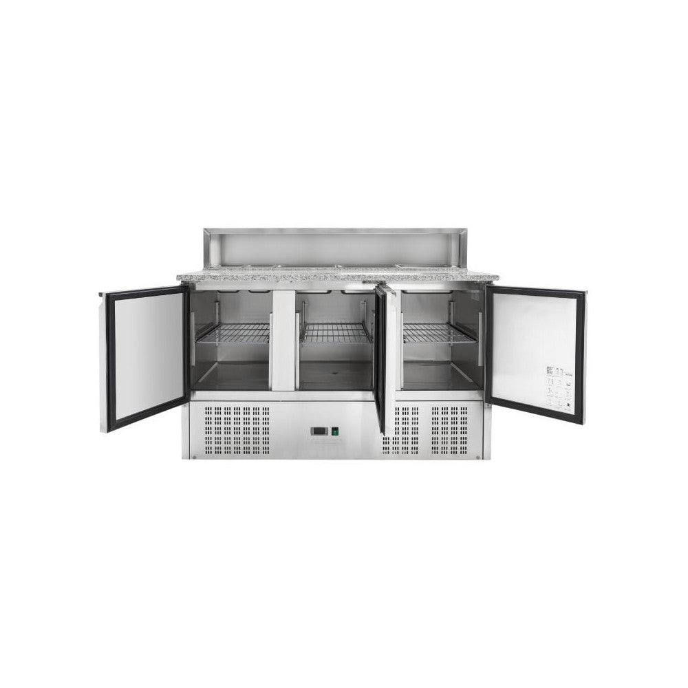 Meuble à Pizza Réfrigéré 3 Portes 240L – 8 Bacs GN 1/6 Froid Statique Inox R600a CHR 1400mm