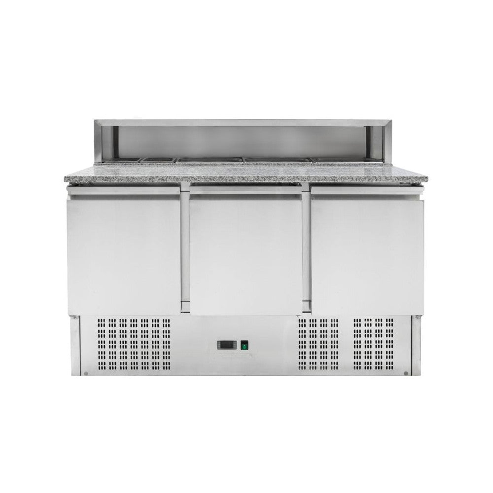 Meuble à Pizza Réfrigéré 3 Portes 240L – 8 Bacs GN 1/6 Froid Statique Inox R600a CHR 1400mm