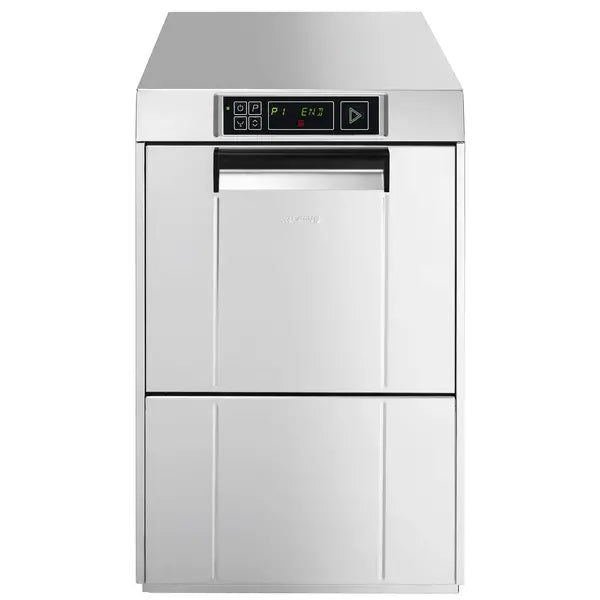 Lave-verres professionnel Smeg Easyline SPG415S avec adoucisseur automatique, panier 400 × 400 mm et pompe de rinçage HTR.