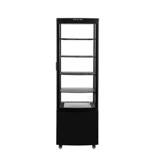 Vitrine réfrigérée professionnelle noire 218 litres avec 4 faces vitrées, éclairage LED, froid ventilé et porte vitrée incurvée, idéale pour pâtisseries, boissons, desserts, sandwiches et commerces alimentaires.